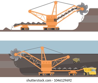 Bucket-wheel excavator, quarry rotary machine at work, mining dump truck loaded with ore, quarrying and extractive industry heavy equipment. Vector illustration