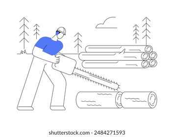 Bucking abstract concept vector illustration. Worker with saw sectioning the stems of felled trees into transportable length, cutting trees for sale, forest plantation abstract metaphor.