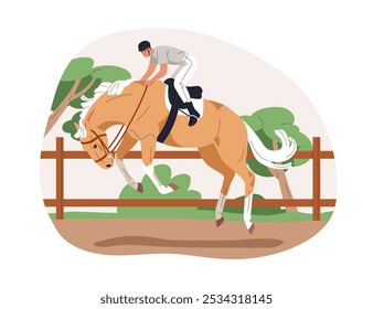 Bucking crow-hopping horse. Disobedient dangerous behavior. Unruly uncontrolled wild stallion, throwing off rider. Equine disobedience, problem. Flat vector illustration isolated on white background