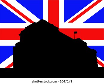 Buckingham palace against British flag