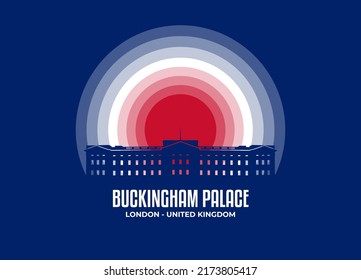 Buckingham Palace illustration. Famous statue and building in moonlight illustration. Color tone based on official country flag. Vector eps 10.
