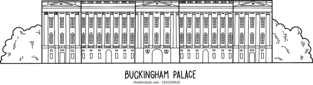 Buckingham Palace. Vector illustration of famous London landmarks. Hand drawn engraving style, line art, isolated on white background. English architecture. svg