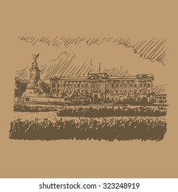 Buckingham Palace and Victoria Memorial, London, England, UK. Hand drawn vector sketch.