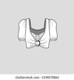 Buckle Crop top Placket button panel Gathering Puff Sleeve Design flat sketch Cad Drawing mock up Template