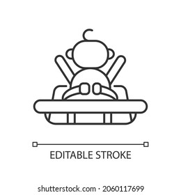 Buckle safety strap in grocery cart linear icon. Child safety during shopping. Fasten safe belt. Thin line customizable illustration. Contour symbol. Vector isolated outline drawing. Editable stroke
