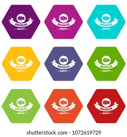 Buckle strap icons 9 set coloful isolated on white for web