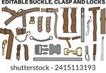 Buckles, Sliders and clasps flat sketch vector illustration set, different types bag accessories, locks and buckles for back packs, climbing equipment, garments dress fasteners and Clothing belt