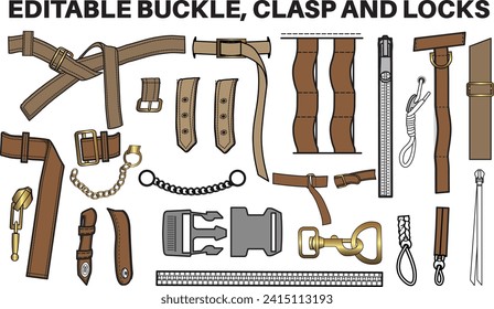 Buckles, Sliders and clasps flat sketch vector illustration set, different types bag accessories, locks and buckles for back packs, climbing equipment, garments dress fasteners and Clothing belt svg