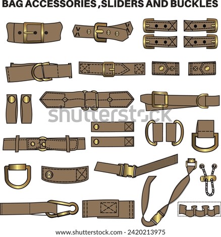 Buckles, Sliders and clasps flat sketch vector illustration set, different types bag accessories, locks and buckles for back packs, climbing equipment, garments dress fasteners and Clothing belt