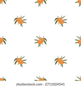 Buckthorn Beere nahtloses Muster, botanische Frühling. Sanddornmuster, orangefarbener Beerenhintergrund. Buckthorn Zweigmuster, natürliche Zutat Fliese