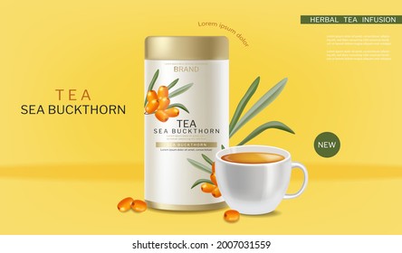 Buckthorn tea vector realistic. Product placement label design. Healthy delicious