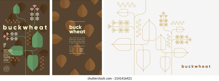 Buckwheat. Food and natural products. Set of vector illustrations. Geometric, simple, linear style. Label, cover, price tag, background.