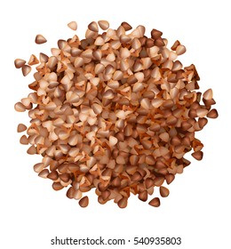 Buckwheat groats pile top view on white background