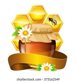 Buckwheat honey jar, honeycomb, flowers and bees. Colorful template for design. Isolated vector illustration