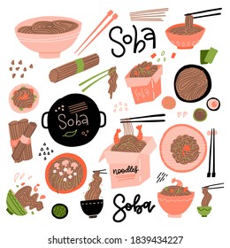 Juego de fideos de trigo sarraceno. Diferentes vistas. Comida asiática en caja y bol, seca y hervida. Ilustración plana vectorial en estilo plano de caricatura