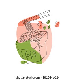 Buckwheat noodles in thin line box with chopsticks. Concept of foodbox, korean fastfood, wok cooked, cafe emblem, spice vegetarian. isolated on white background with abstract shapes. Vector design