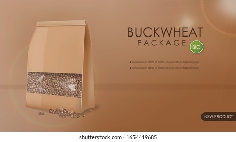 Buckwheat package vector realistic mock up. 3d detailed product placement. Advertise label designs