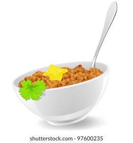 Buckwheat in plate with spoon and parsley. Vector illustration.