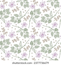 Buckwheat seamless pattern hand drawn vector illustration. Repeating background with flowers, seeds, branches and buckwheat granules. Healthy food, tasty porridge, grain harvest, agriculture