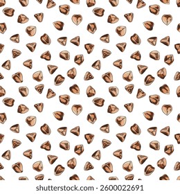 Buckwheat seeds sketch seamless pattern design. Hand drawn buckwheat groats pile, cereal crops. Agriculture plant harvest vector illustration. Vegan organic food. Fried brown grains heap