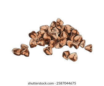 Buckwheat seeds sketch vector illustration. Hand drawn buckwheat groats pile, cereal crops. Agriculture plant harvest. Vegan organic food isolated on white background. Fried brown grains heap