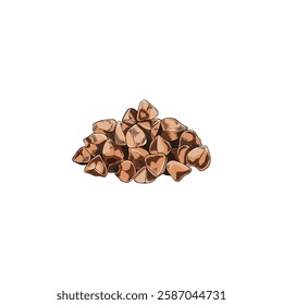 Buckwheat seeds sketch vector illustration. Hand drawn buckwheat groats pile, cereal crops. Agriculture plant harvest. Vegan organic food isolated on white background. Fried brown grains heap