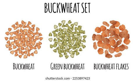 Buckwheat set with Brown, Green and flakes. Natural organic food collection. Vector cartoon isolated illustration.
