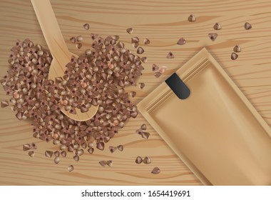 Buckwheat spread vector realistic top view. Product packaging design. Detailed grains on wooden spoon. 3d illustrations