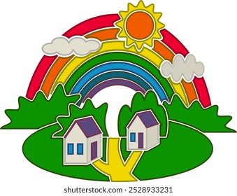 Bucolic illustration with 3D effect showing country landscape and some rural cabins under sun and rainbow