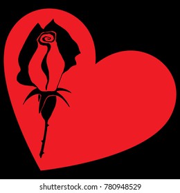 Bud of a black rose in a red heart on a black background. Vector illustration.