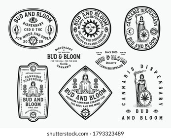 Bandas de cannabis vectorial negro Bud y Bloom en un fondo blanco