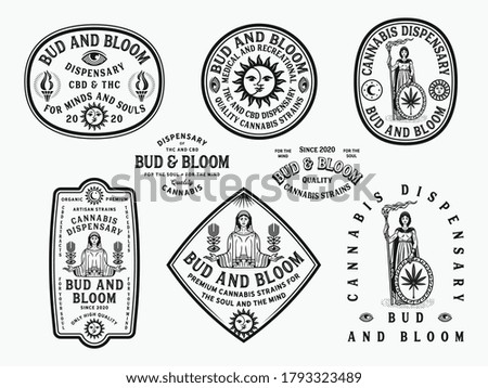 Bud and Bloom black vector cannabis badges on a white background