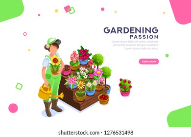 Bud concept, florist with seasonal more market descriptions or text. Bush and bouquet. Editable composition, female template or banner, concept with characters. Flat isometric vector illustration.