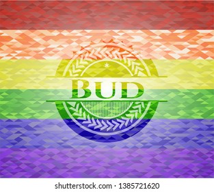 Bud emblem on mosaic background with the colors of the LGBT flag