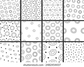 Bud flower plant. Seamless pattern. Coloring Page. Nature and spring. Hand drawn style. Vector drawing. Collection of design ornaments.
