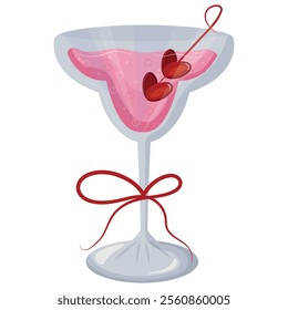 bud glass icon with pink drink and berries in the shape of hearts and red bow, design for valentine's day	