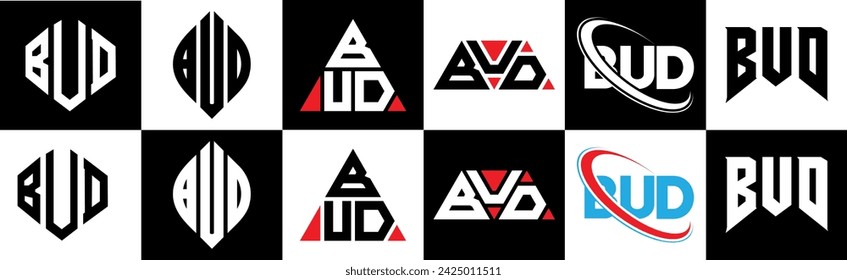 BUD letter logo design in six style. BUD polygon, circle, triangle, hexagon, flat and simple style with black and white color variation letter logo set in one artboard. BUD minimalist and classic logo