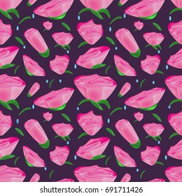 Bud, petal, rose flower on dark blue background. Seamless pattern. Could be used for background, textile or wallpaper.