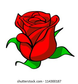 The bud of red rose which have not revealed completely, with green leaflets.