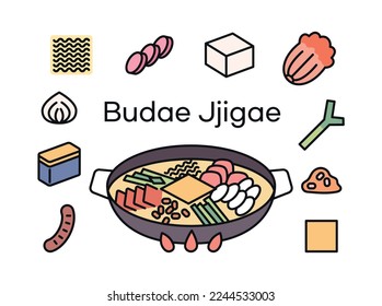 Budaejjigae, un alimento que contiene la historia de Corea. Composición de los alimentos e ingredientes en olla.