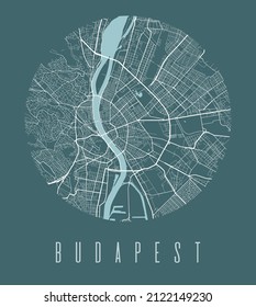 Budapest city map circle poster. Round circular road aerial view, street map vector illustration. Cityscape area panorama with water.