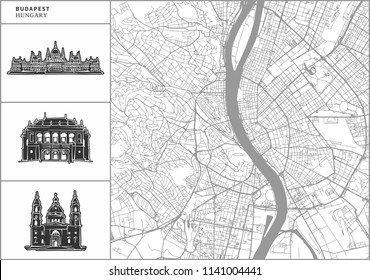 Budapest city map with hand-drawn architecture icons. All drawigns, map and background separated for easy color change. Easy repositioning in vector version.