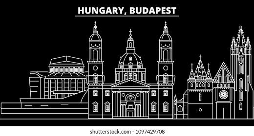 Budapest city silhouette skyline. Hungary - Budapest city vector city, hungarian linear architecture. Budapest city travel illustration, outline landmarks. Hungary flat icon, hungarian line banner