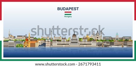 Budapest city skyline with a frame border in the colors of the flag of Hungary. Vector illustration