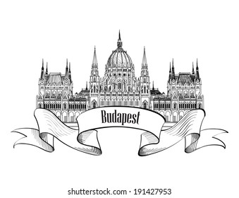 Budapest city symbol. Budapest Parliament Building, Hungary. Hand drawing vector sketch