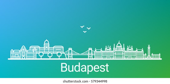 Budapest city white line on colorful background. All Budapest buildings - customizable objects with opacity mask, so you can simple change composition and background. Line art.