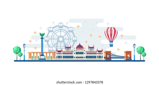 Budapest cityscape with famous touristic landmarks. Vector flat illustration. Travel to Hungary horizontal banner design. Parliament, Heroes Square and Chain Bridge.