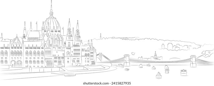 Budapest Cityscape in Hungary Black and White Vector Line Art Illustration