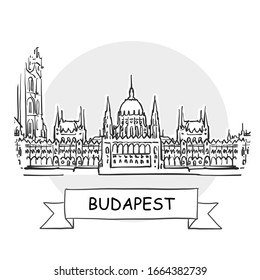 Budapest Cityscape Vector Sign. Line Art Illustration with Ribbon and Title.