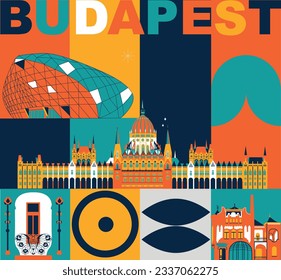 Budapest culture travel set, video split screen, famous architecture in flat design. Business travel, tourism concept clipart. Image presentation, banner, website, advert, flyer, roadmap icon. Hungary